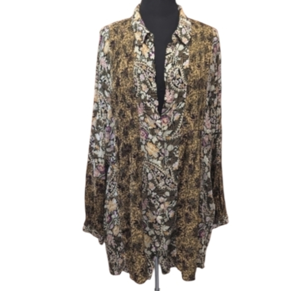 Jane & Delancey 3X Bohemian Tunic Button Down Floral Paisley Purple & Yellow